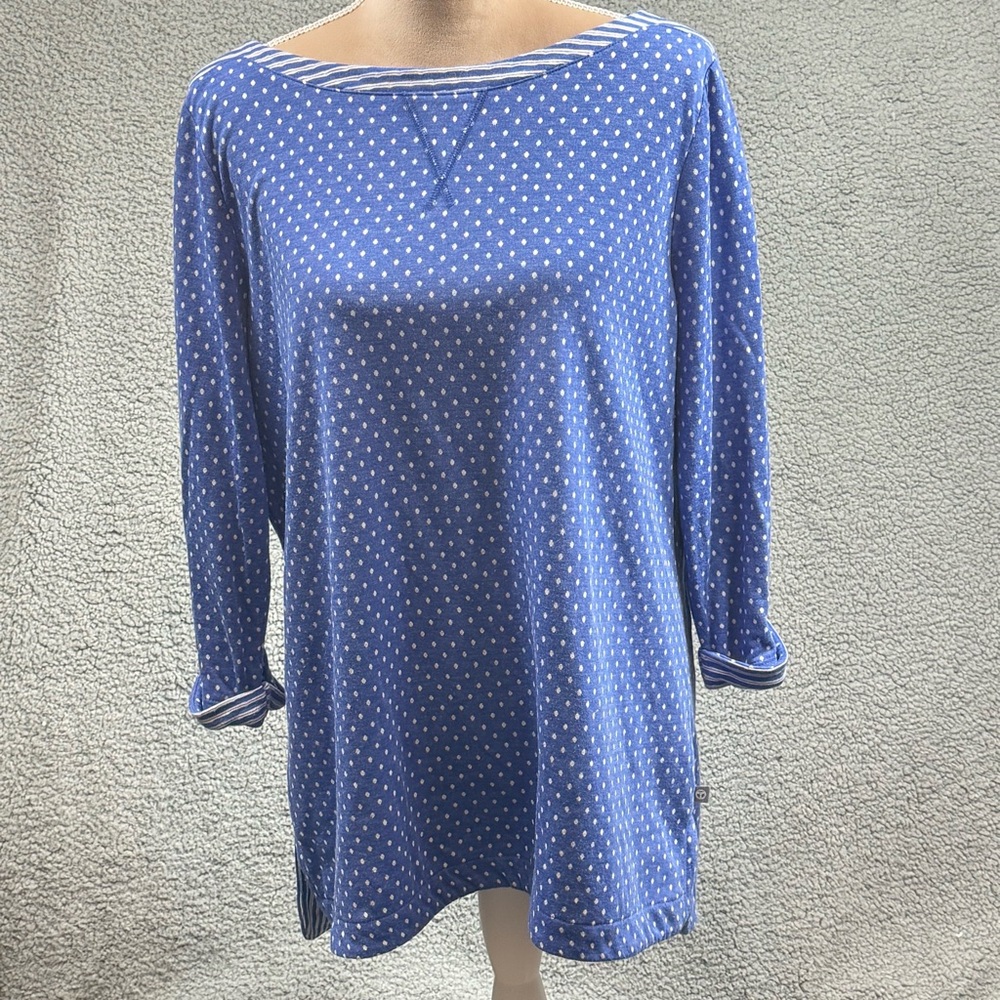 T By Talbots Womens Medium Blue White Polka Dot Striped Top  3/4 Sleeve Nautical